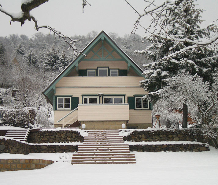 Haus Wannsee mit grün abgesetztem Giebel in einer winterlichen Landschaft