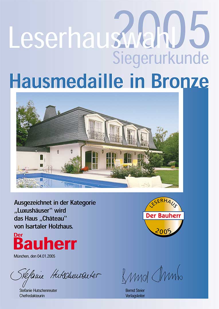 Siegerurkunde von „Der Bauherr“ mit Hausmedaille in Bronze