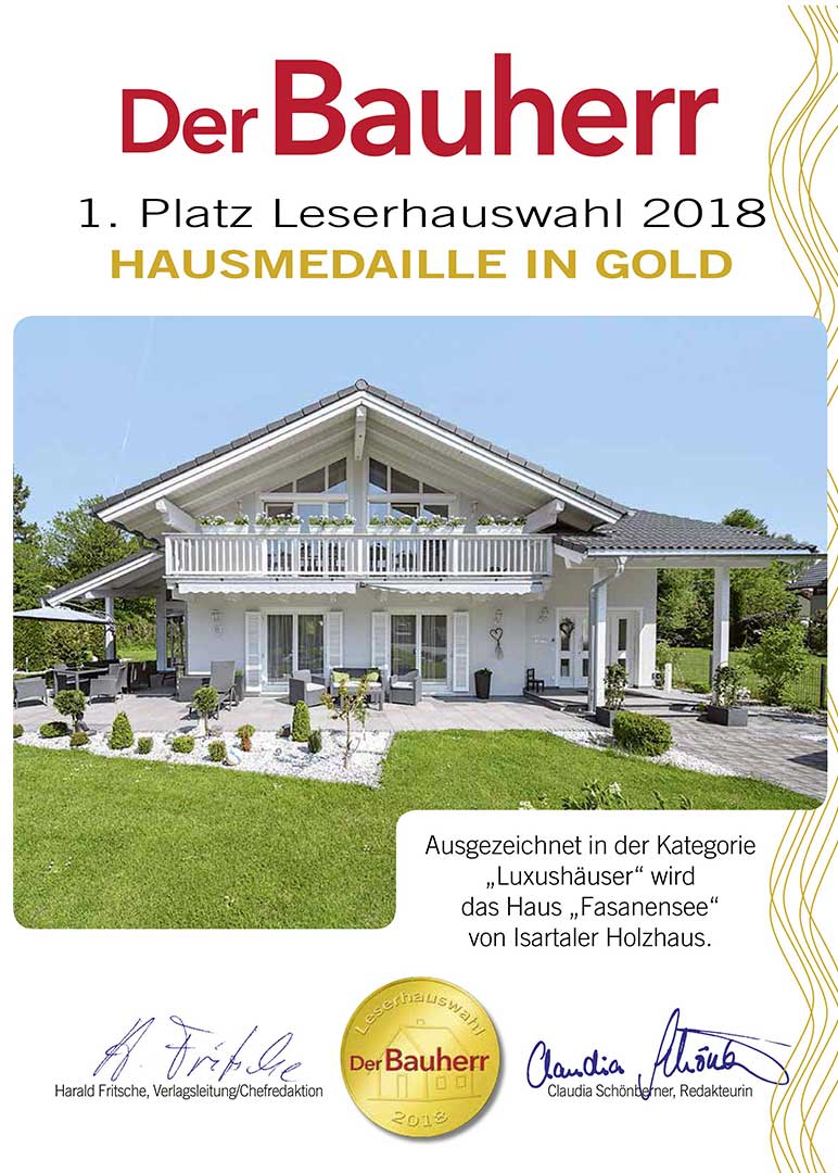 Der Bauherr 2018 · Hausmedaille Gold Hausmedaille in Gold bei der Leserhauswahl 2018 von „Der Bauherr“
