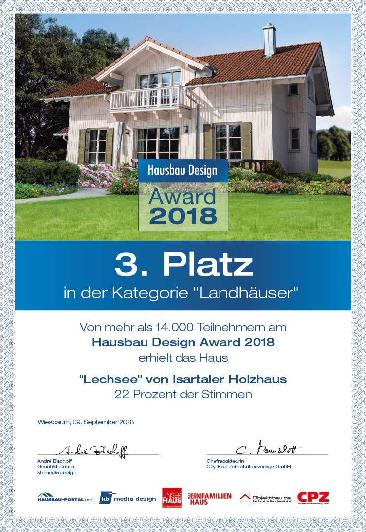 Urkunde Hausbau Design Award 2018: 3. Platz in der Kategorie Landhäuser