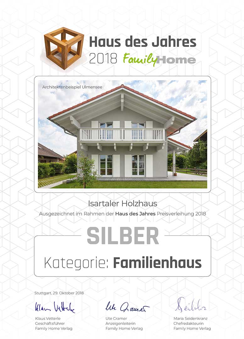 Urkunde „Haus des Jahres 2018“ von FamilyHome in Silber