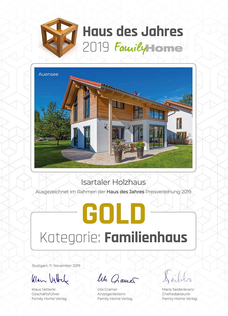 FamilyHome 2019 · Haus des Jahres Gold Urkunde „Haus des Jahres 2019“ von FamilyHome in Gold
