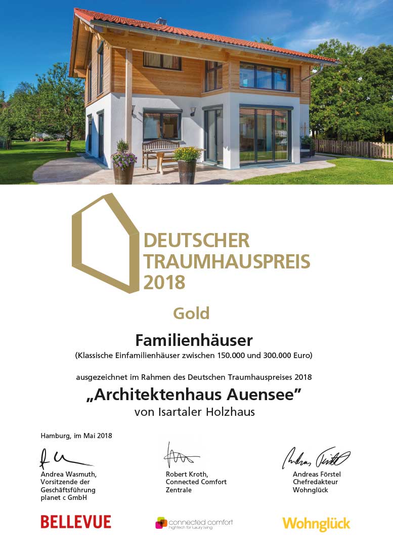 Deutscher Traumhauspreis 2018 · Gold Urkunde Deutscher Traumhauspreis 2018 in Gold für ein Familienhaus